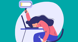 illustrated image of woman with head on laptop holding an empty battery image