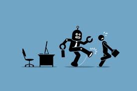 cartoon robot kicking a human out of the office chair