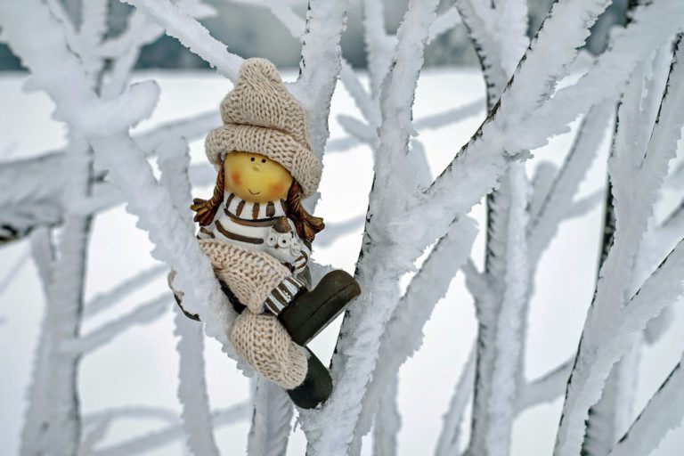 knitted doll sat in some snowy branches